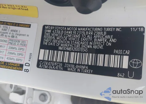 2019 Toyota C-Hr Le from USA, damaged, VIN NMTKHMBX2KR078345
